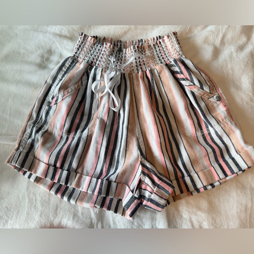 Simply Blessed Audrey Striped Smocked Waist Shorts Medium Pink Tan Summer